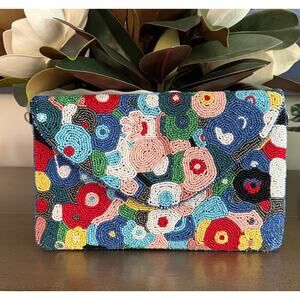 Kay Lee New York Floral Seed Bead Envelope Clutch Crossbody Chain Bag